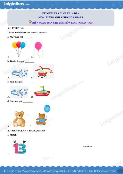 Đề thi học kì 1 Tiếng Anh 3 Phonics Smart - Đề số 4